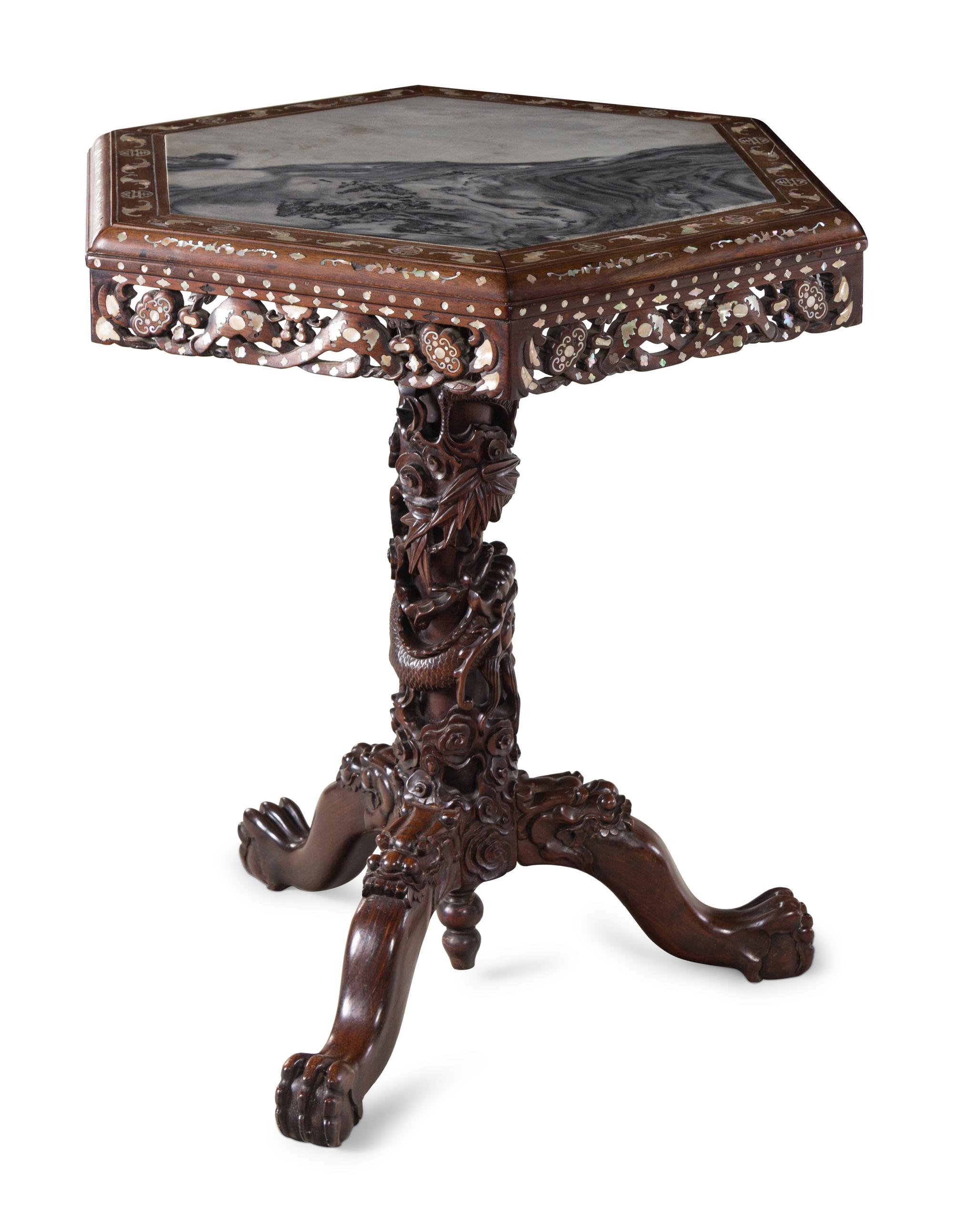 An Export Marble Inset and Mother-of-Pearl Inlaid Hongmu Table