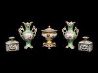 A Pair of Paris Porcelain Two-Handled Vases, A Pair of French Porcelain Toilette Bottles and a Paris Porcelain Footed Sauce Tureen