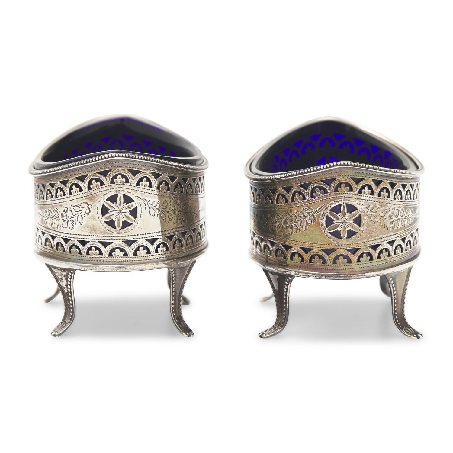A Pair of George III Engraved and Pierced Silver Lozenge-Form Salt Cellars