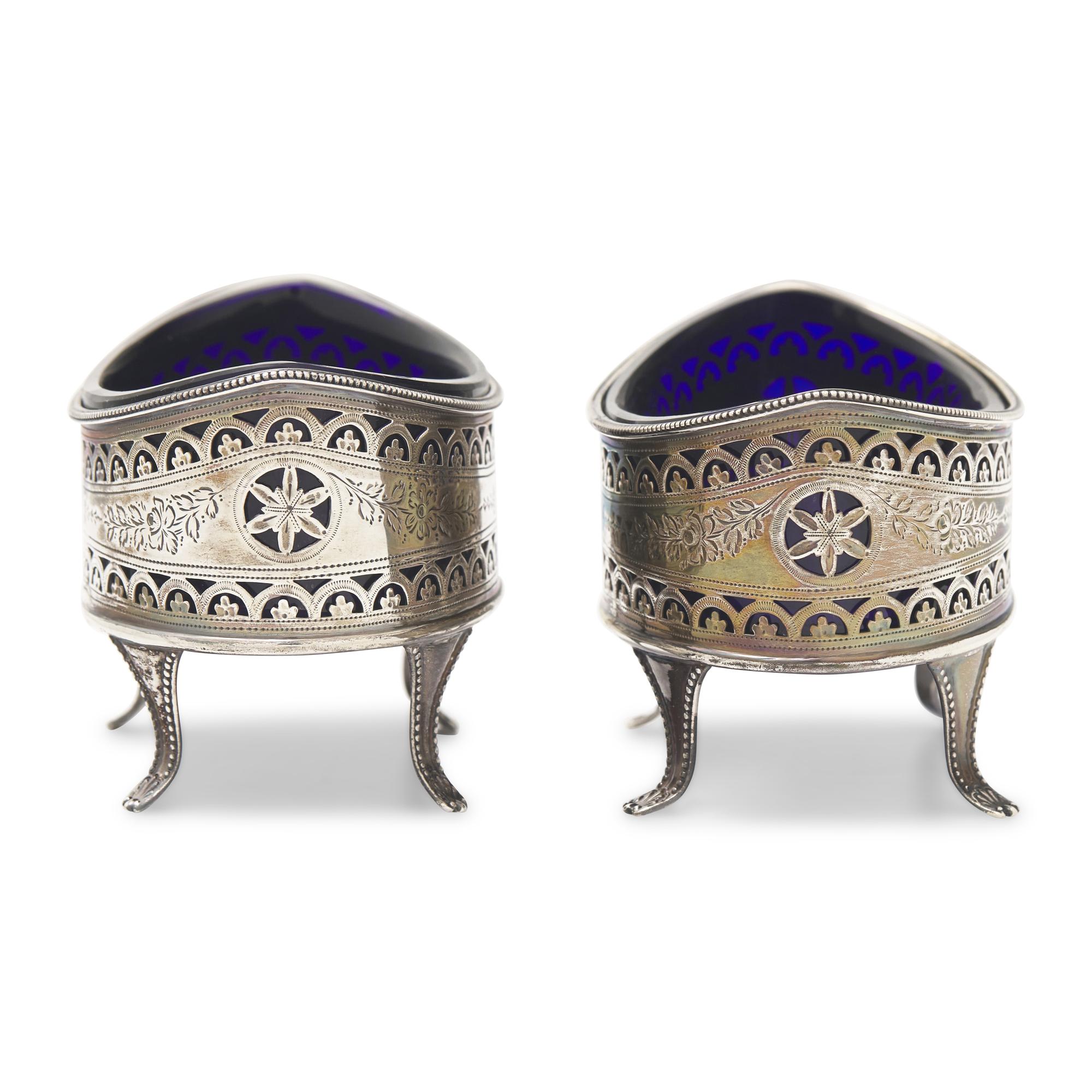 A Pair of George III Engraved and Pierced Silver Lozenge-Form Salt Cellars