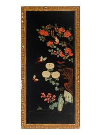 Four Chinese Gilt-Framed Black and Polychrome Lacquer Panels