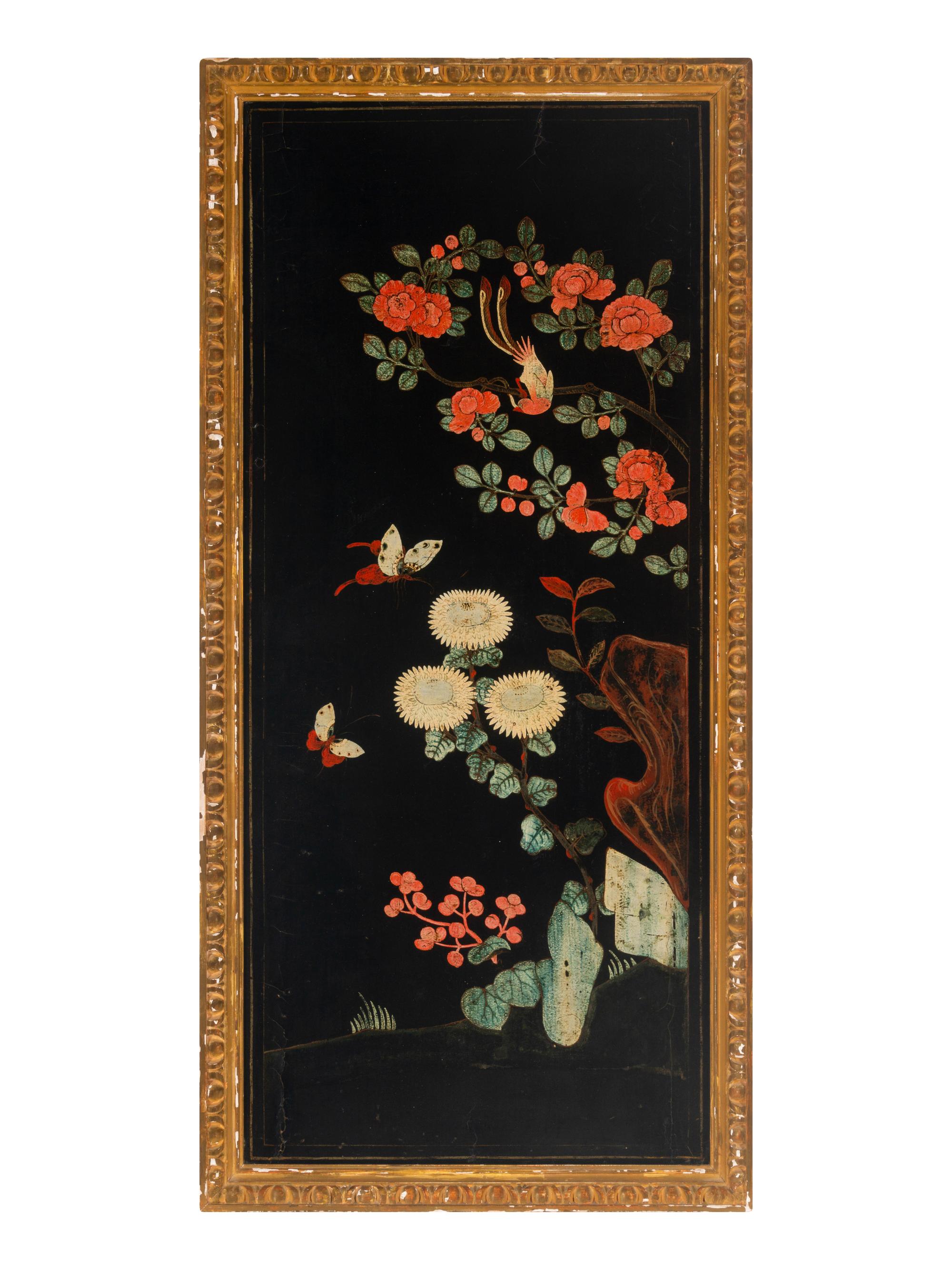 Four Chinese Gilt-Framed Black and Polychrome Lacquer Panels