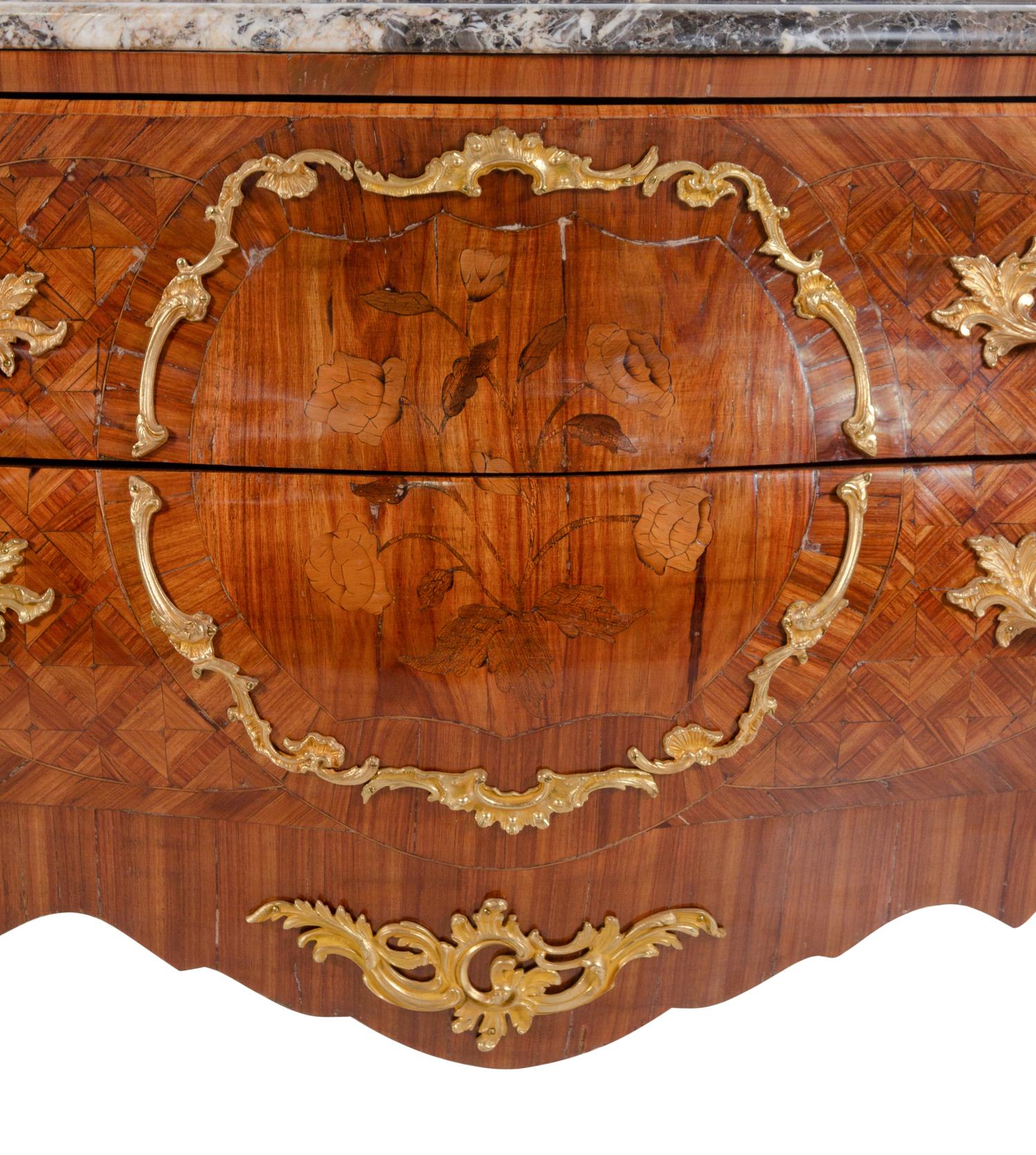 A Pair of Louis XV Style Gilt Bronze Mounted Sans Traverse Marquetry and Parquetry Marble-Top Bombe Commodes