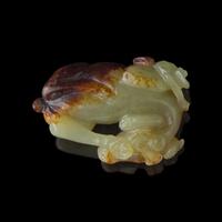 A Small Chinese Celadon Jade Goat, Qing Dynasty or Earlier 清或更早 青玉臥羊把件