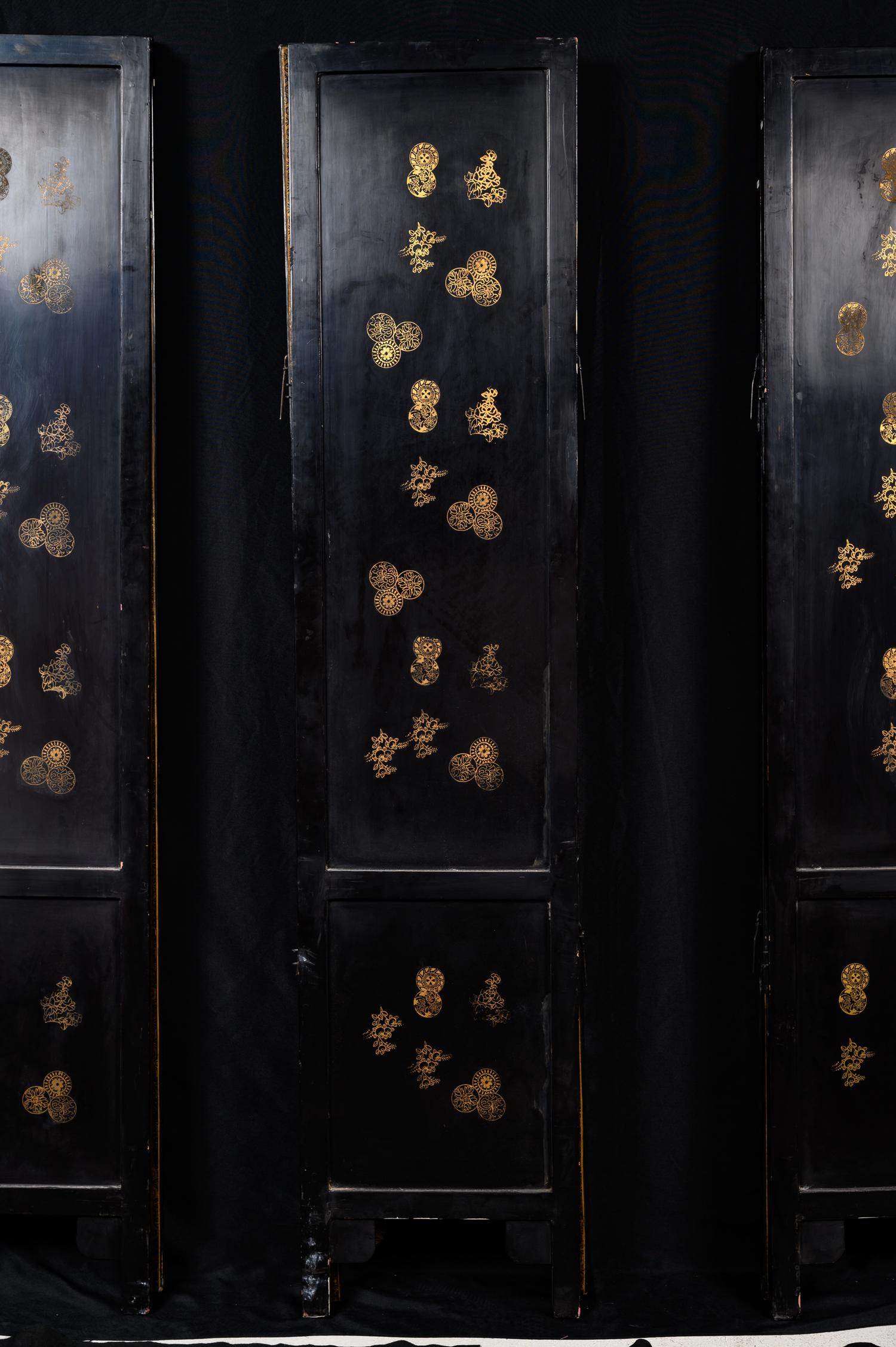 A Chinese Hardstone Inset and Lacquered Six-Panel Floor Screen