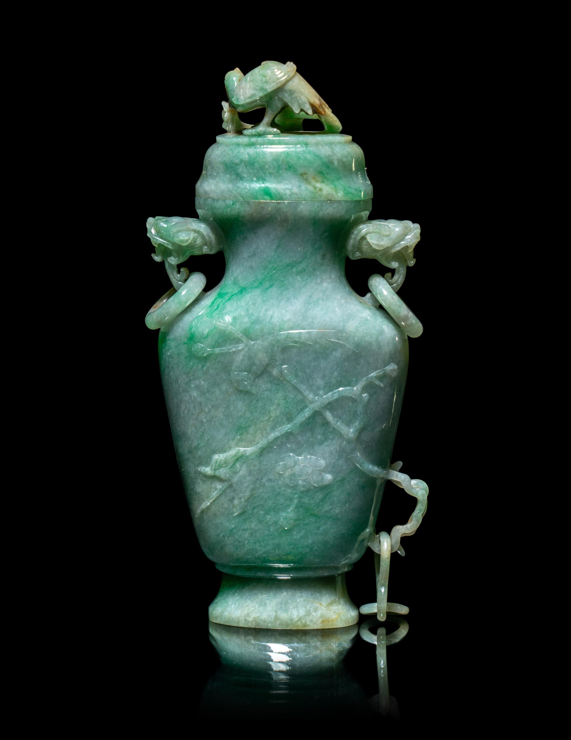 A Chinese Apple Green Jadeite Covered Vase