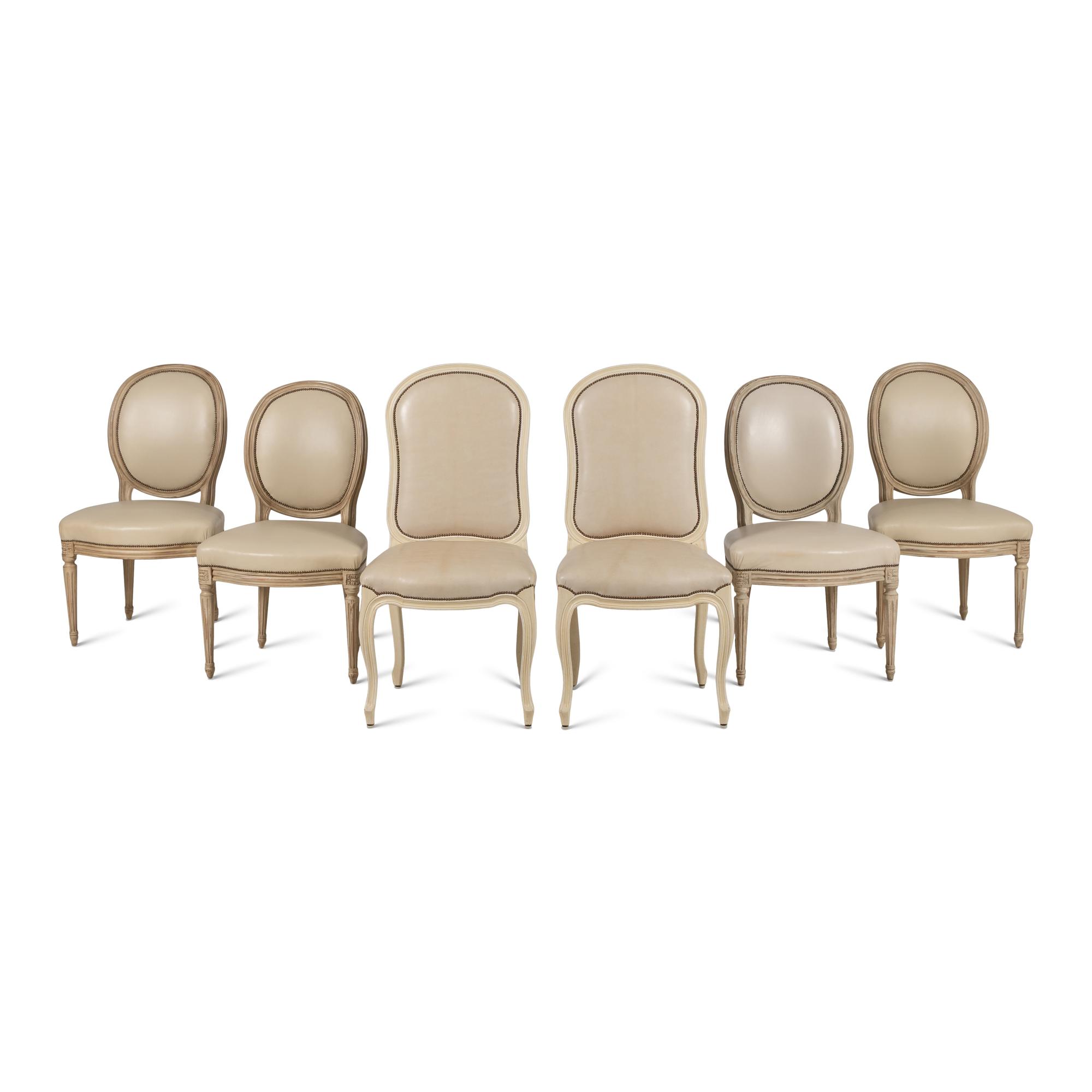 Set of Four Louis XVI Style Cream-Painted and Leather Upholstered Dining Chairs