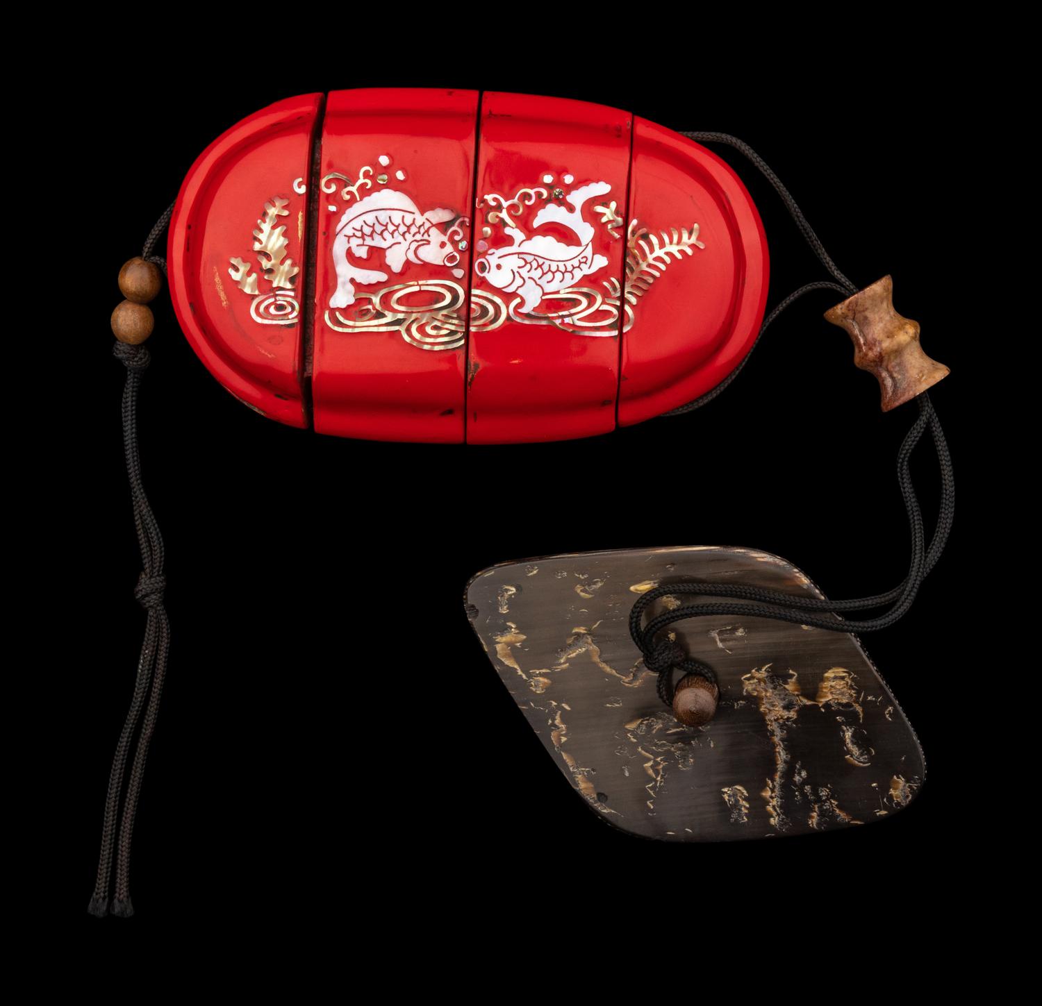 A Japanese Mother-of-Pearl Inlaid Red Lacquer Three-Case Inro