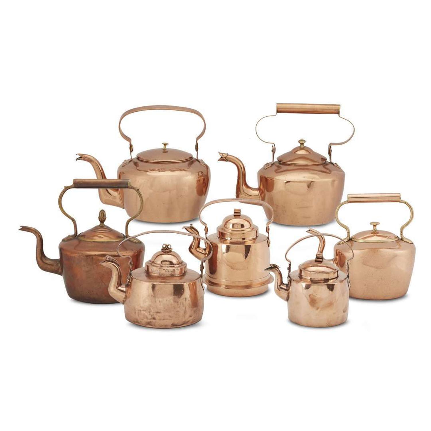 Group of seven copper kettles Various American and Continental makers, 19th century