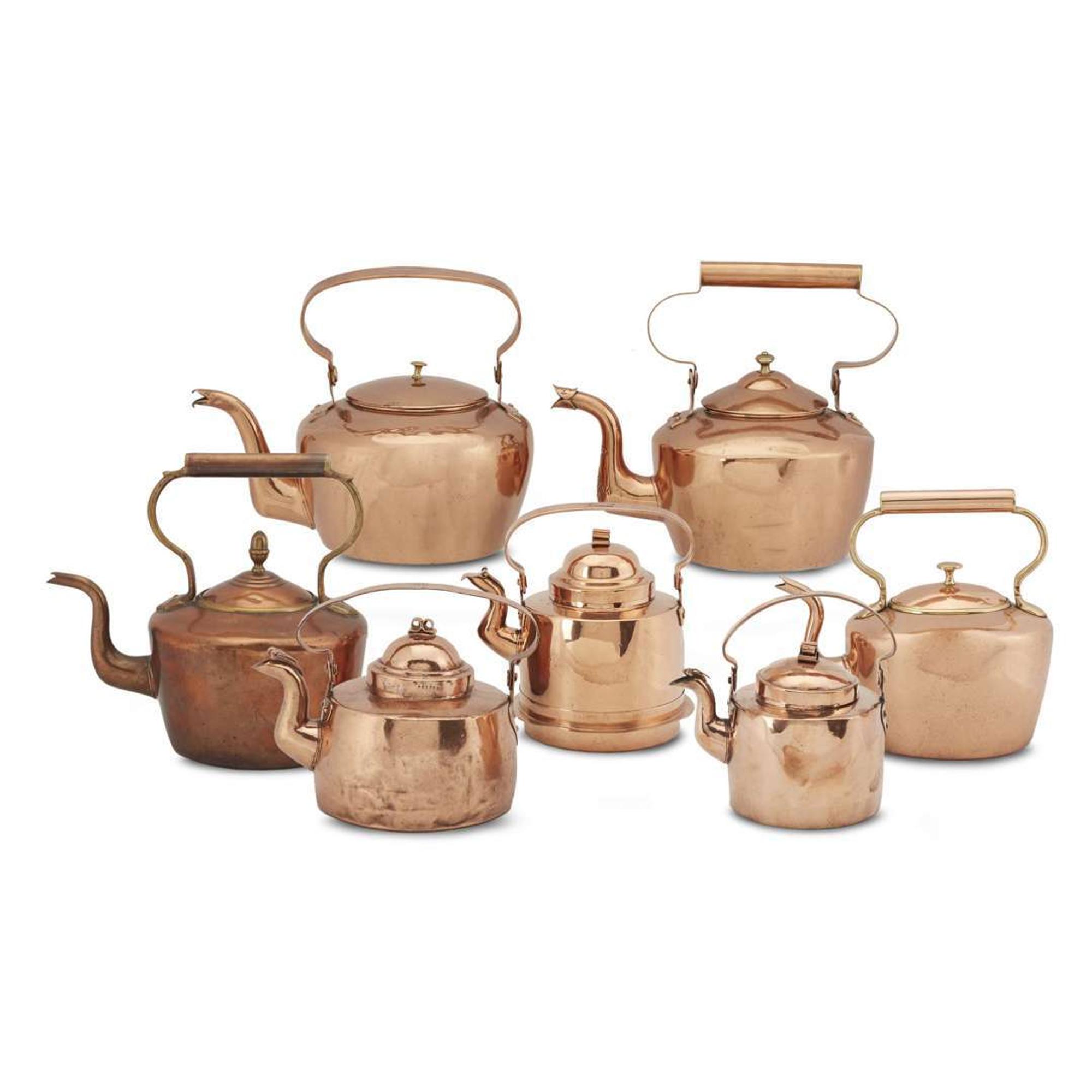Group of seven copper kettles Various American and Continental makers, 19th century