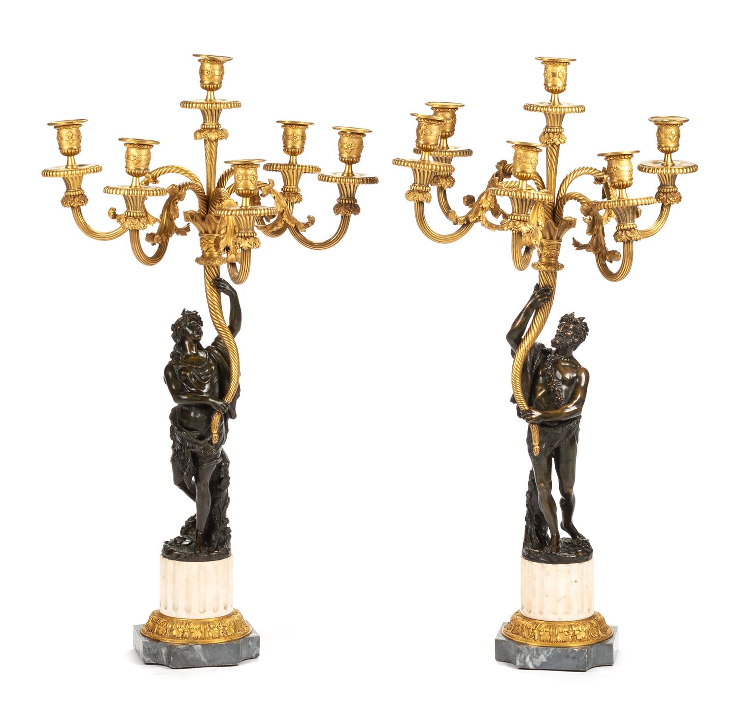 A Pair of Louis XVI Style Gilt and Patinated Bronze Six-Light Figural Candelabra Height 33 3/4 inches. — LATE 19TH/EARLY 20TH CENTURY