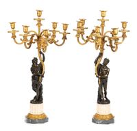 A Pair of Louis XVI Style Gilt and Patinated Bronze Six-Light Figural Candelabra Height 33 3/4 inches. — LATE 19TH/EARLY 20TH CENTURY