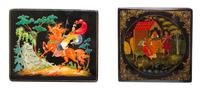 A Collection of Four Russian Lacquered Boxes, 20th Century, each of rectangular form with hinged lid, decorated with folk scenes.