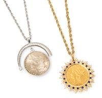 A Collection of Yellow and White Gold, US Coin and Synthetic Gemstone Jewelry, 77.00 dwts.