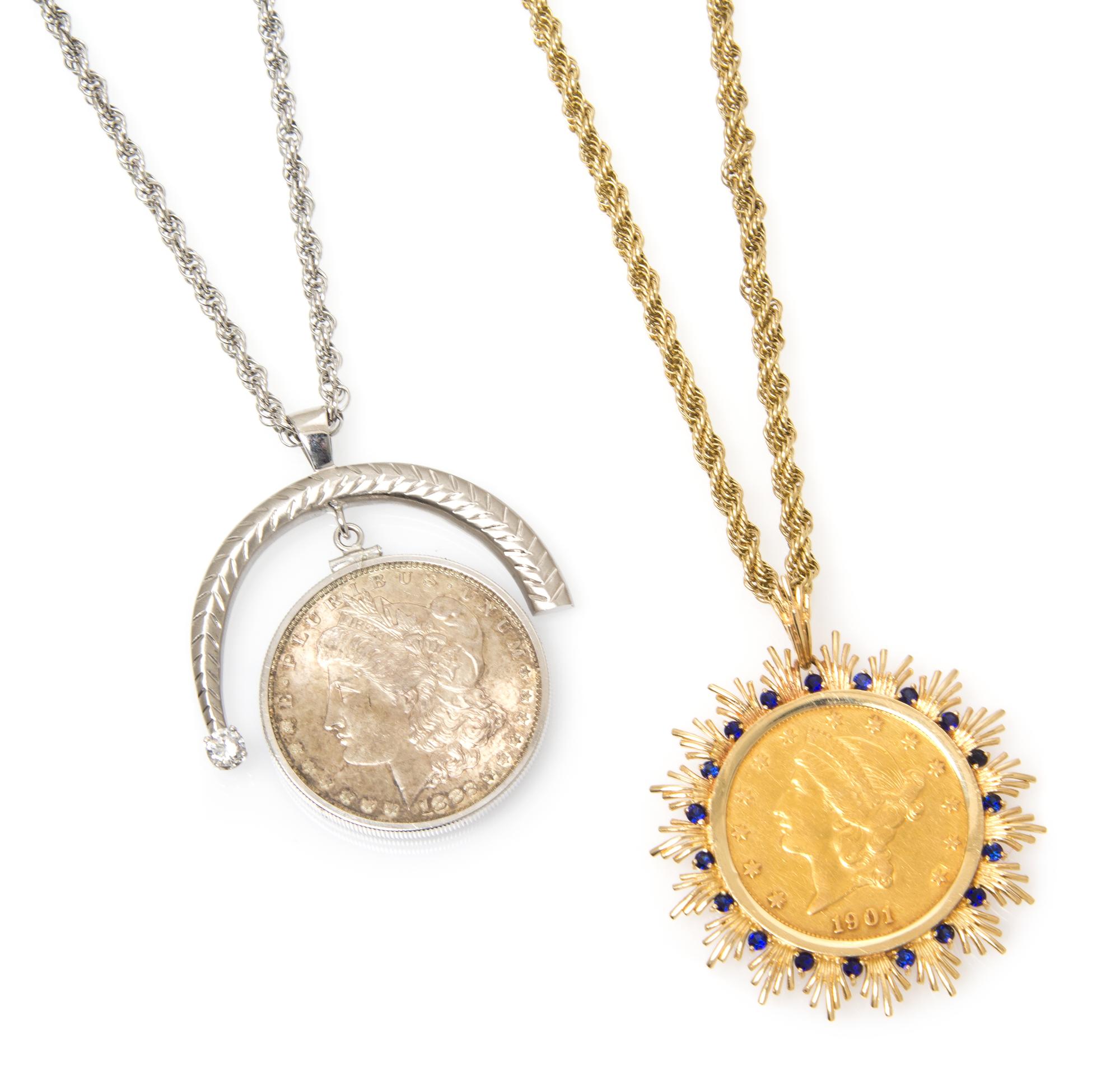 A Collection of Yellow and White Gold, US Coin and Synthetic Gemstone Jewelry, 77.00 dwts.