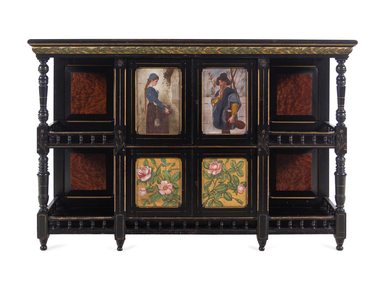 An English Aesthetic Movement Ebonized and Hand-Painted Cabinet