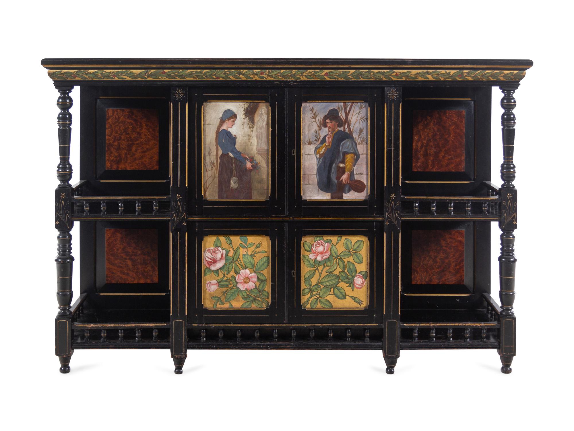 An English Aesthetic Movement Ebonized and Hand-Painted Cabinet