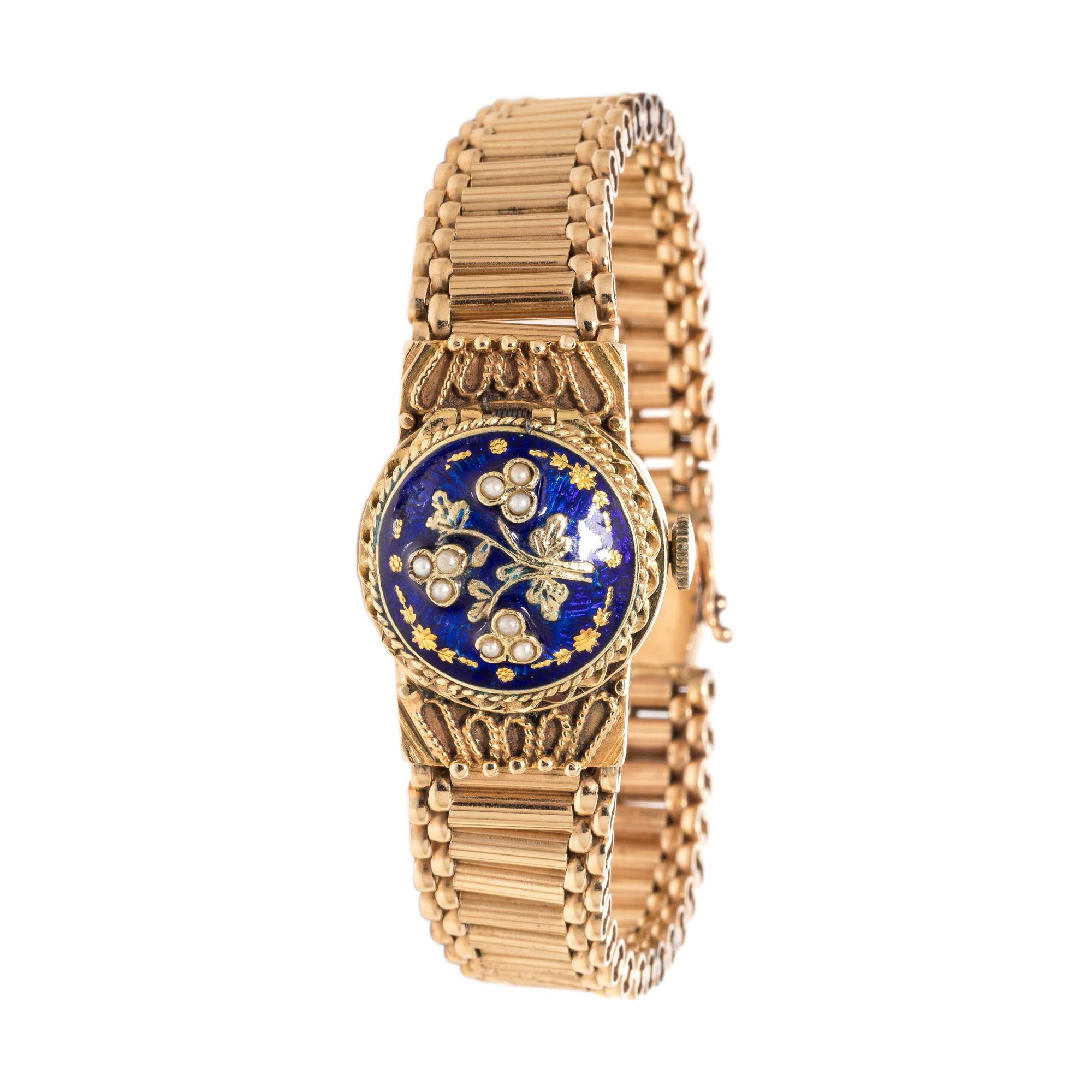 YELLOW GOLD, ENAMEL AND SEED PEARL SURPRISE WATCH