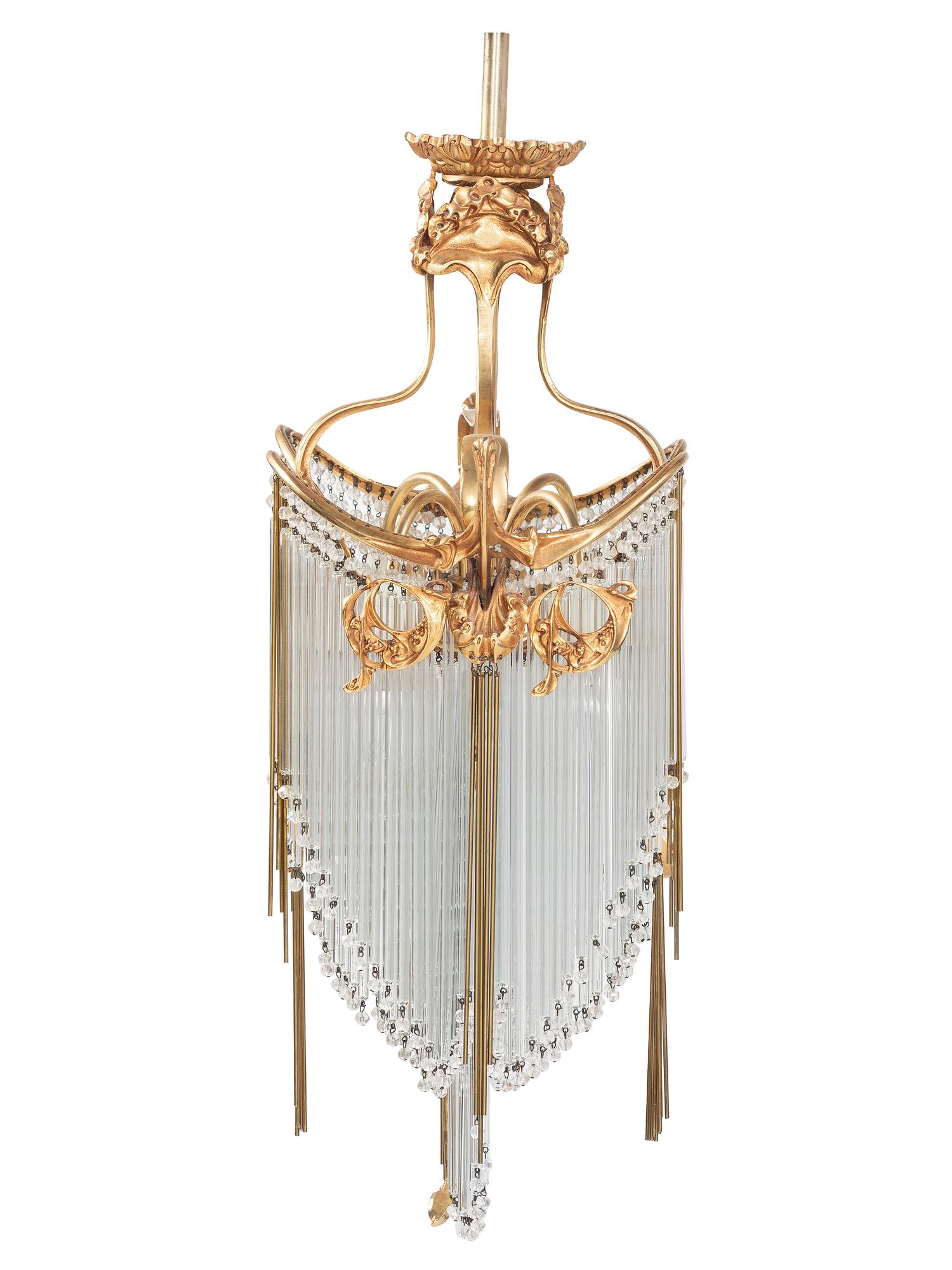 An Art Nouveau-Style Gilt Metal and Glass Chandelier, after Hector Guimard
