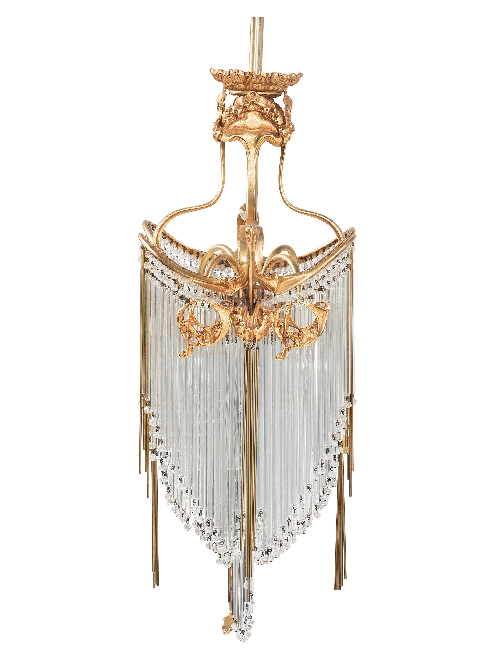 An Art Nouveau-Style Gilt Metal and Glass Chandelier, after Hector Guimard