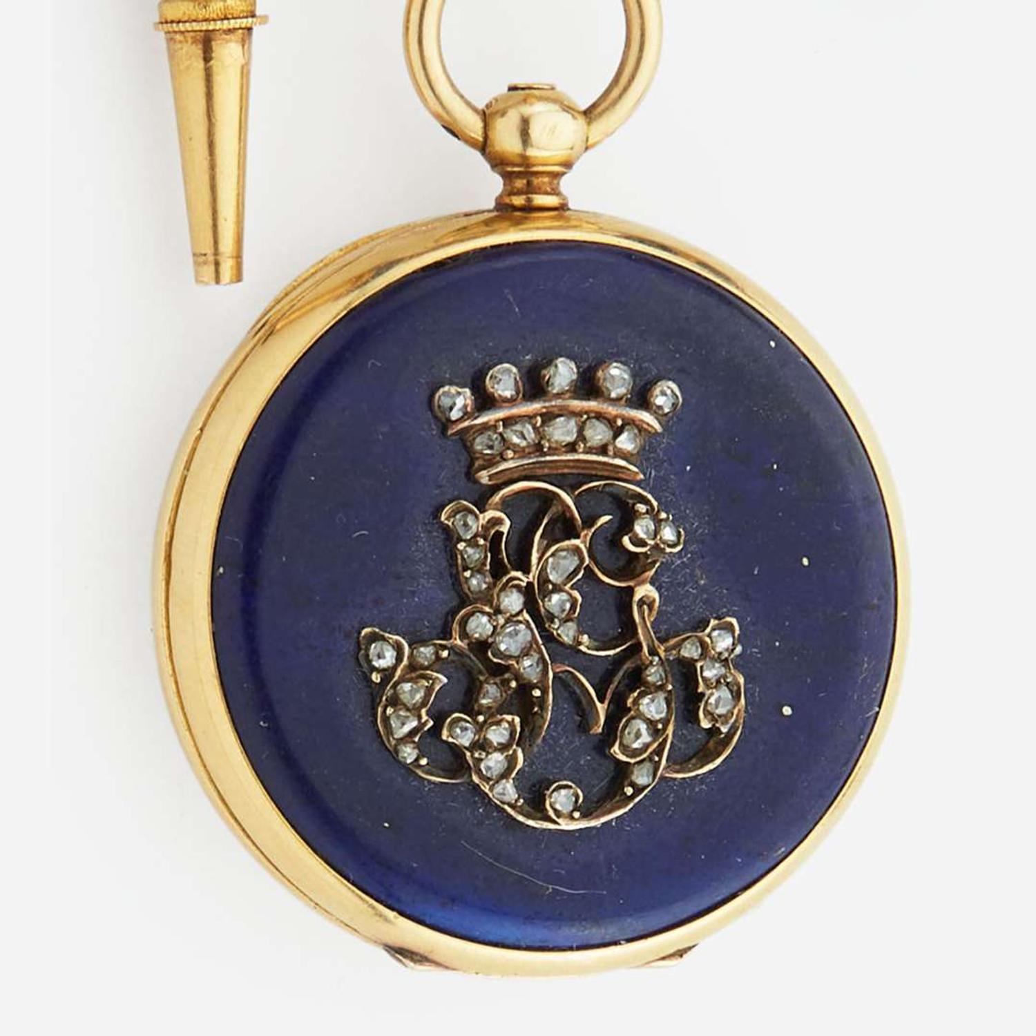 A gold and lapis, pocket watch and chatelaine, Asprey, London