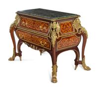 A Louis XIV Style Gilt Metal Mounted Marquetry Marble-Top Commode After the Model by André-Charles Boulle