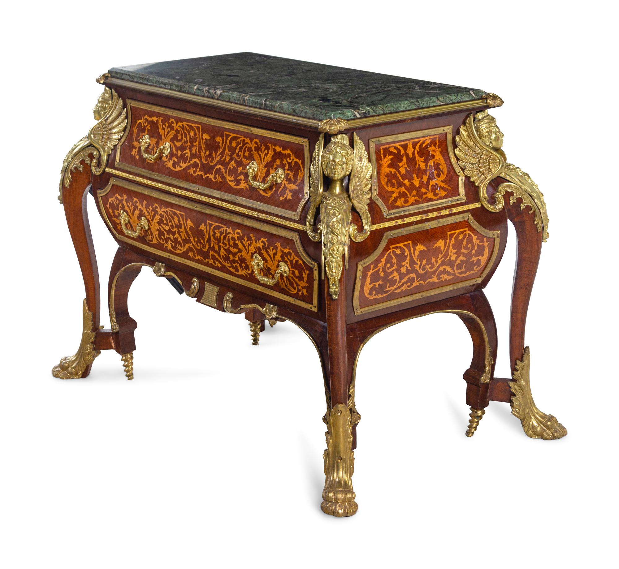 A Louis XIV Style Gilt Metal Mounted Marquetry Marble-Top Commode After the Model by André-Charles Boulle