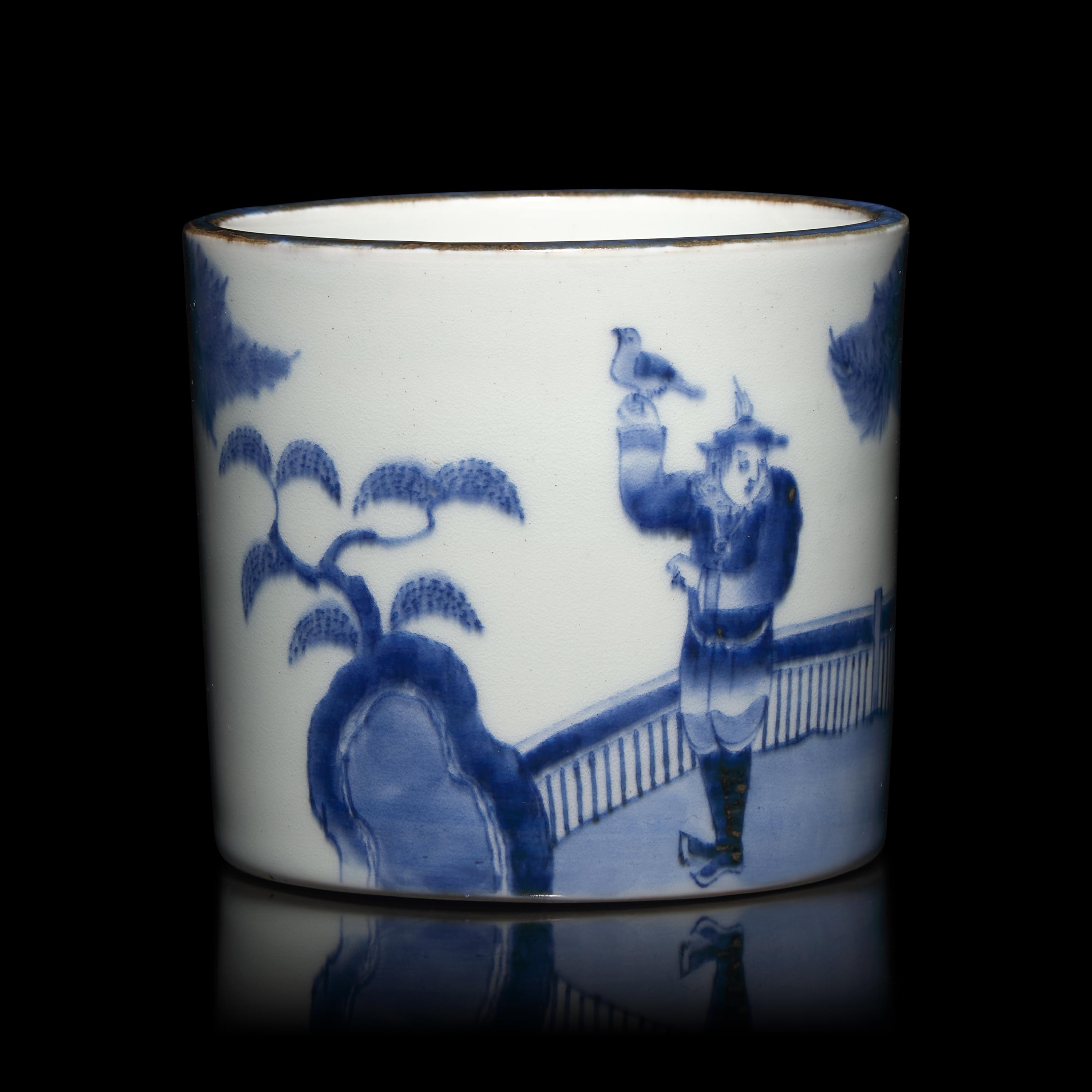 A Small Japanese Blue and White Porcelain ‘Nanban’ Brush Pot, Edo to Meiji Period — 日本江戶-明治時代 青花南蠻人物圖筆筒