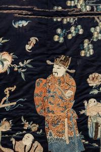 A Large Midnight Blue Satin Ground Embroidered Silk Panel