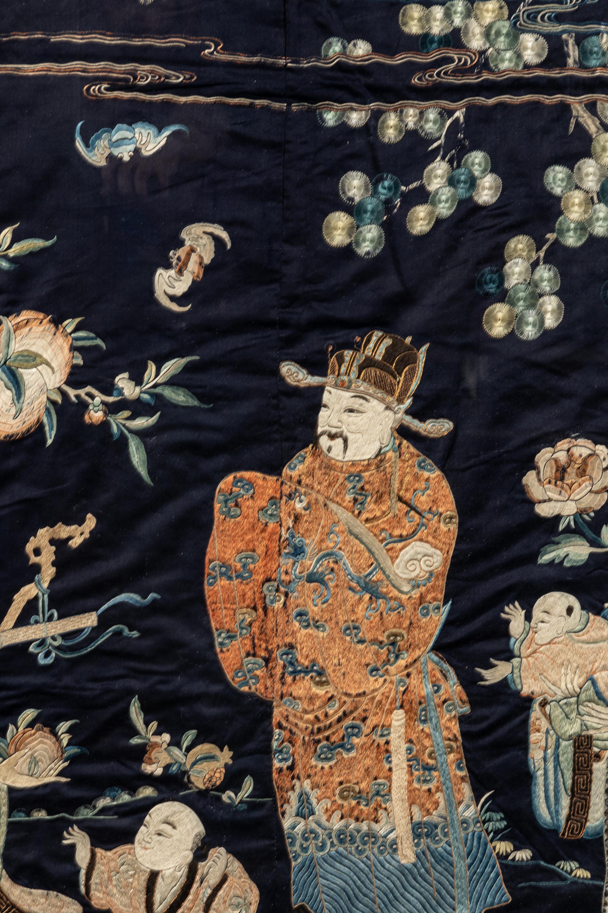 A Large Midnight Blue Satin Ground Embroidered Silk Panel