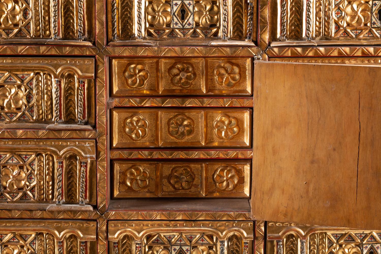 A Spanish Gilt and Polychrome Decorated Walnut Vargueño