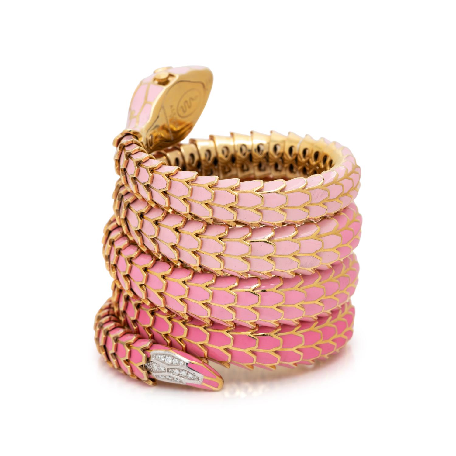DIAMOND, RUBY AND PINK ENAMEL SNAKE SURPRISE WATCH