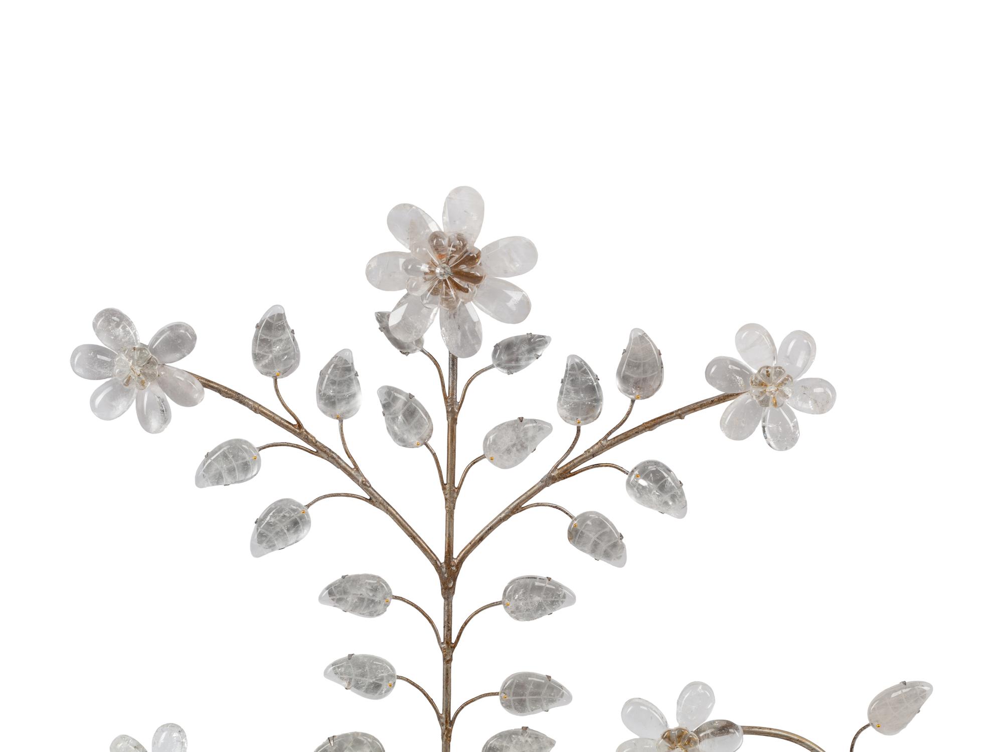 A Pair of Silvered Metal and Rock Crystal Two-Light Sconces in the Style of Maison Baguès