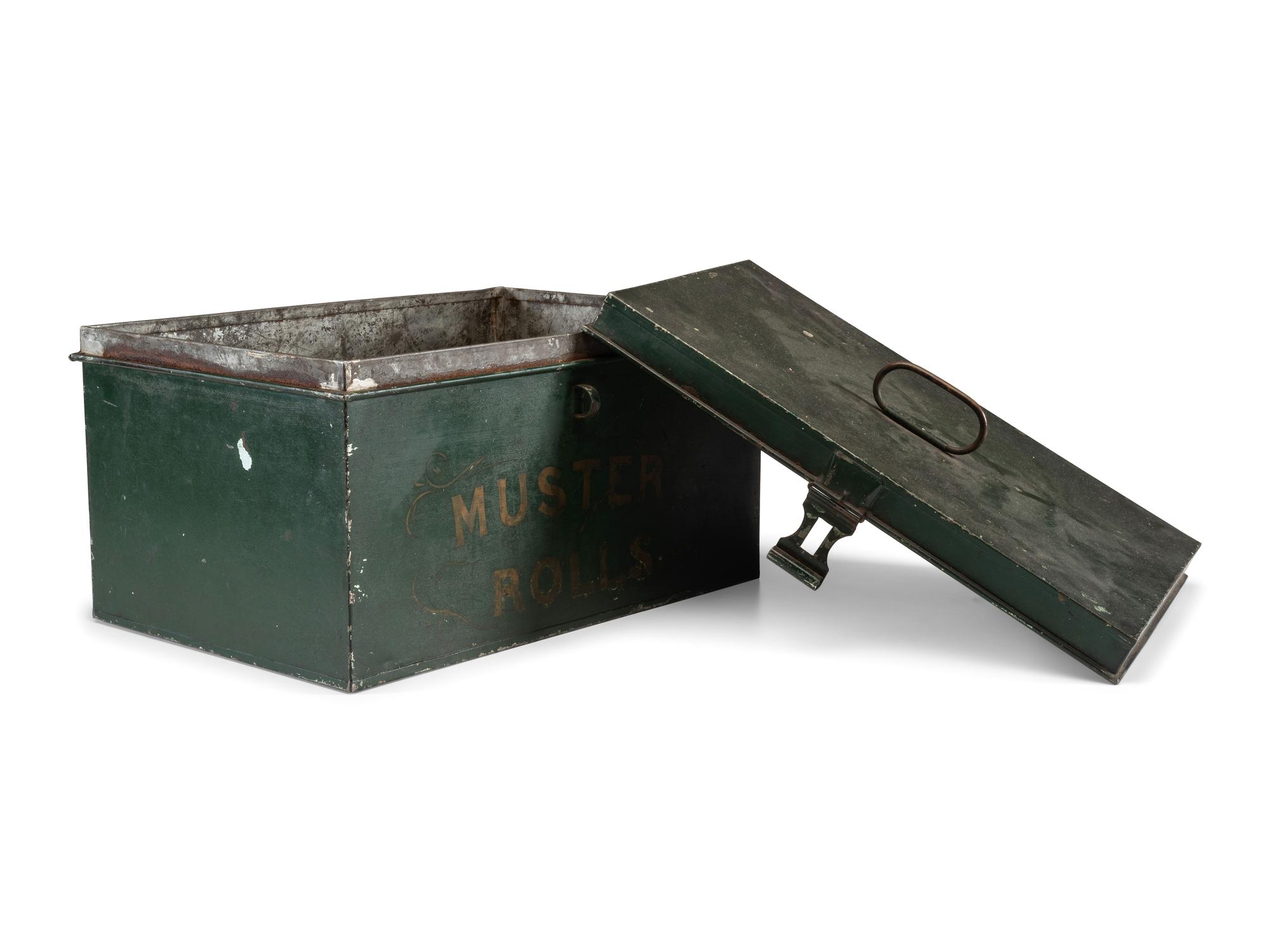 [CIVIL WAR] -- [MAINE]. Tin muster roll box identified to Co. A, 19th Maine Regiment, accompanied by stage trunk identified to Maine manufacturer.