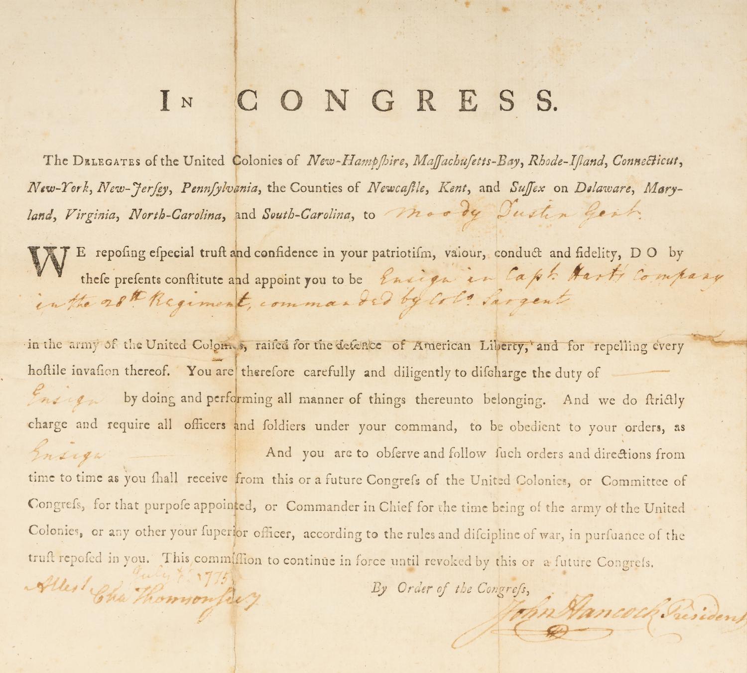 HANCOCK, John (1737-1793). Partly printed document signed ("John Hancock"), as President of the Continental Congress. July 5th? 1775. Counter-signed by Charles Thomson as Secretary of the Continental Congress.