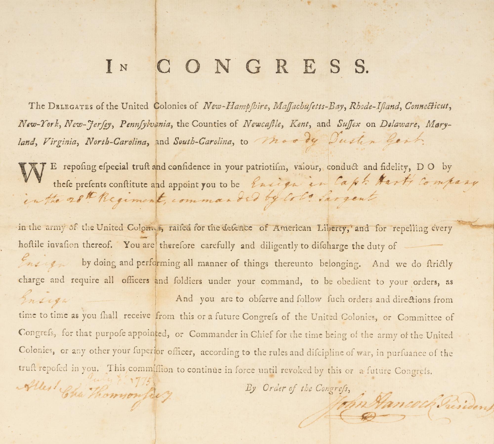 HANCOCK, John (1737-1793). Partly printed document signed ("John Hancock"), as President of the Continental Congress. July 5th? 1775. Counter-signed by Charles Thomson as Secretary of the Continental Congress.
