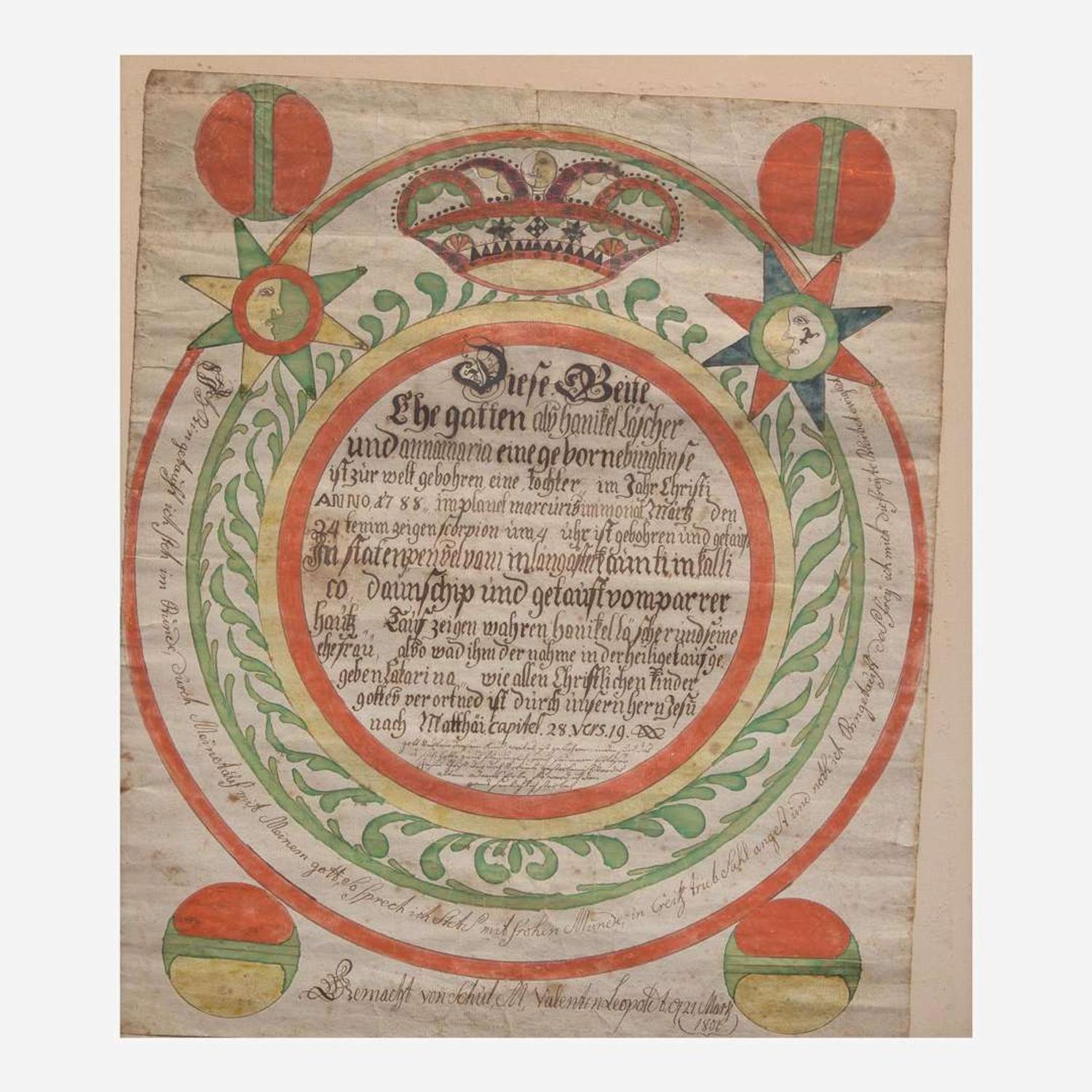 Valentin Leopoldt (active 1783-1802) A Fraktur birth and baptism record for Anna Marie Fochter, Lancaster County, PA, dated "1801"