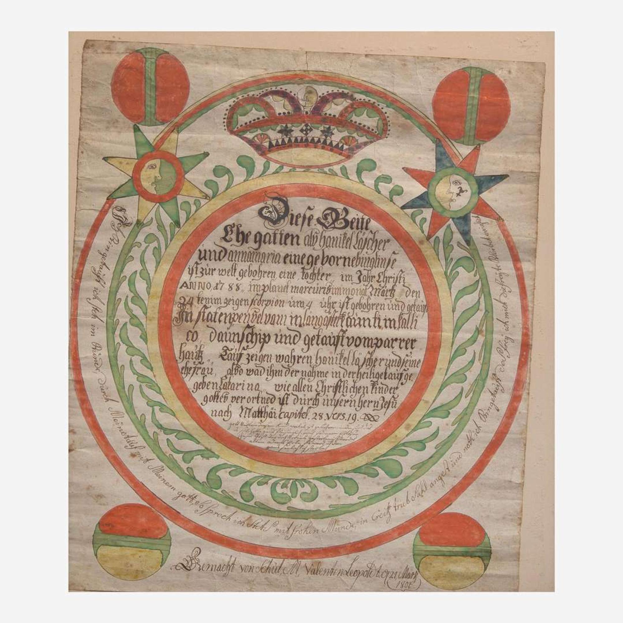 Valentin Leopoldt (active 1783-1802) A Fraktur birth and baptism record for Anna Marie Fochter, Lancaster County, PA, dated "1801"