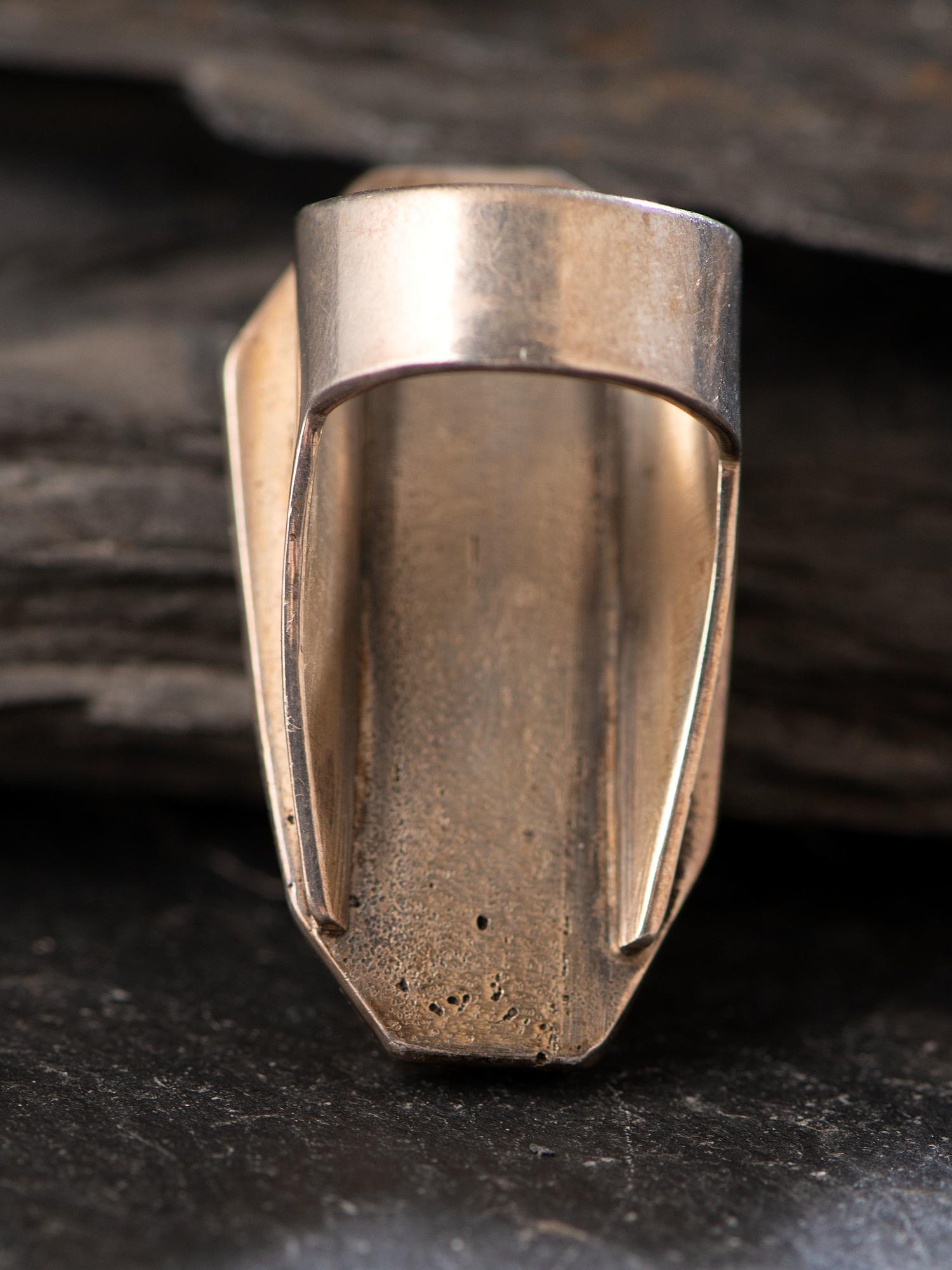 Silver Tufa Cast and Carico Lake Turquoise Ring, with 14K Gold Bezel