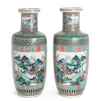 A Pair of Famille Verte Porcelain Rouleau Vases Height of each 18 inches. — 19TH CENTURY