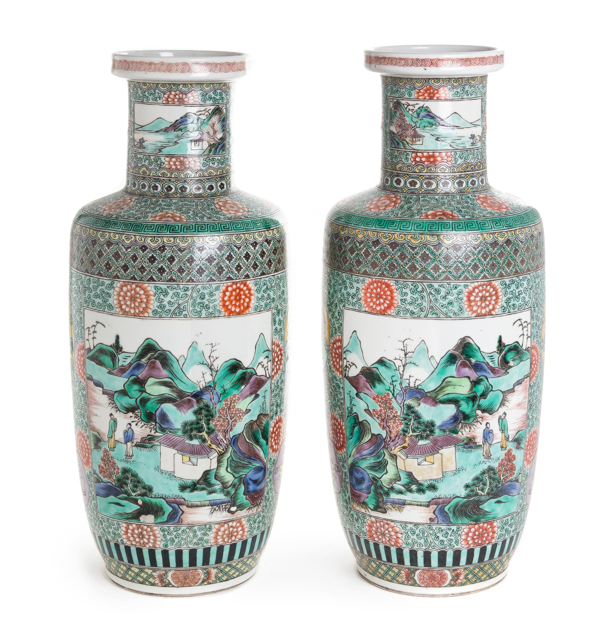 A Pair of Famille Verte Porcelain Rouleau Vases Height of each 18 inches. — 19TH CENTURY