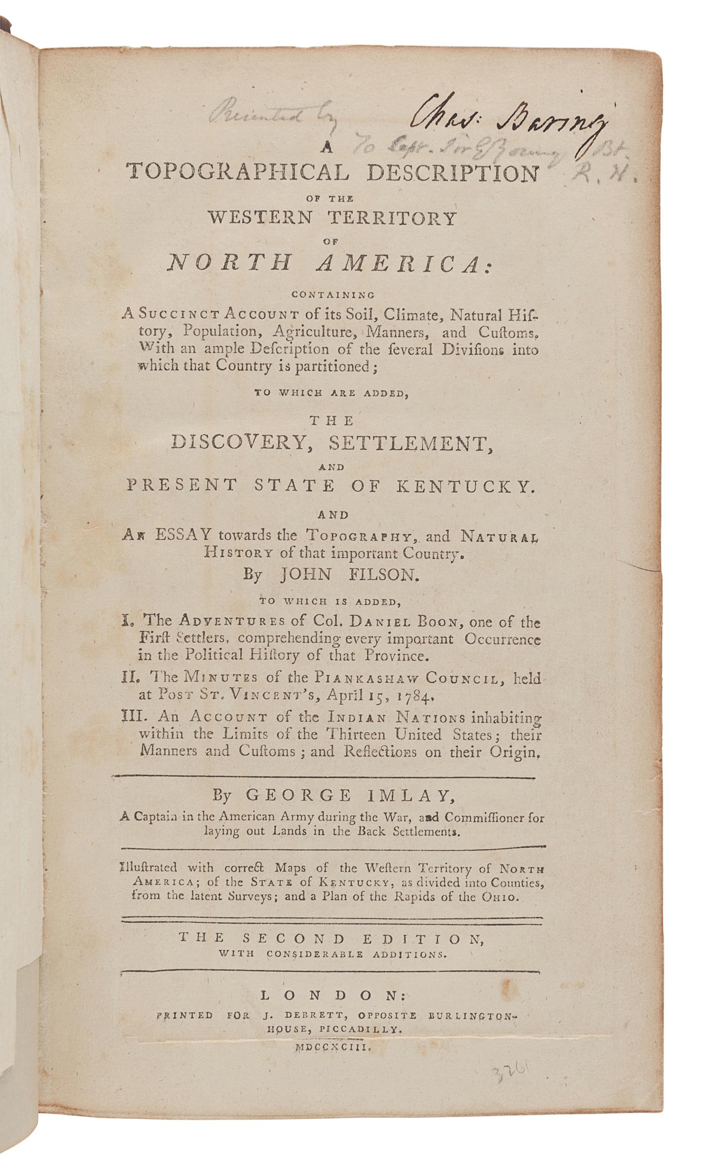 IMLAY, Gilbert (ca 1754-1828). A Topographical Description of the Western Territory of North America. London: J. Debrett, 1793.
