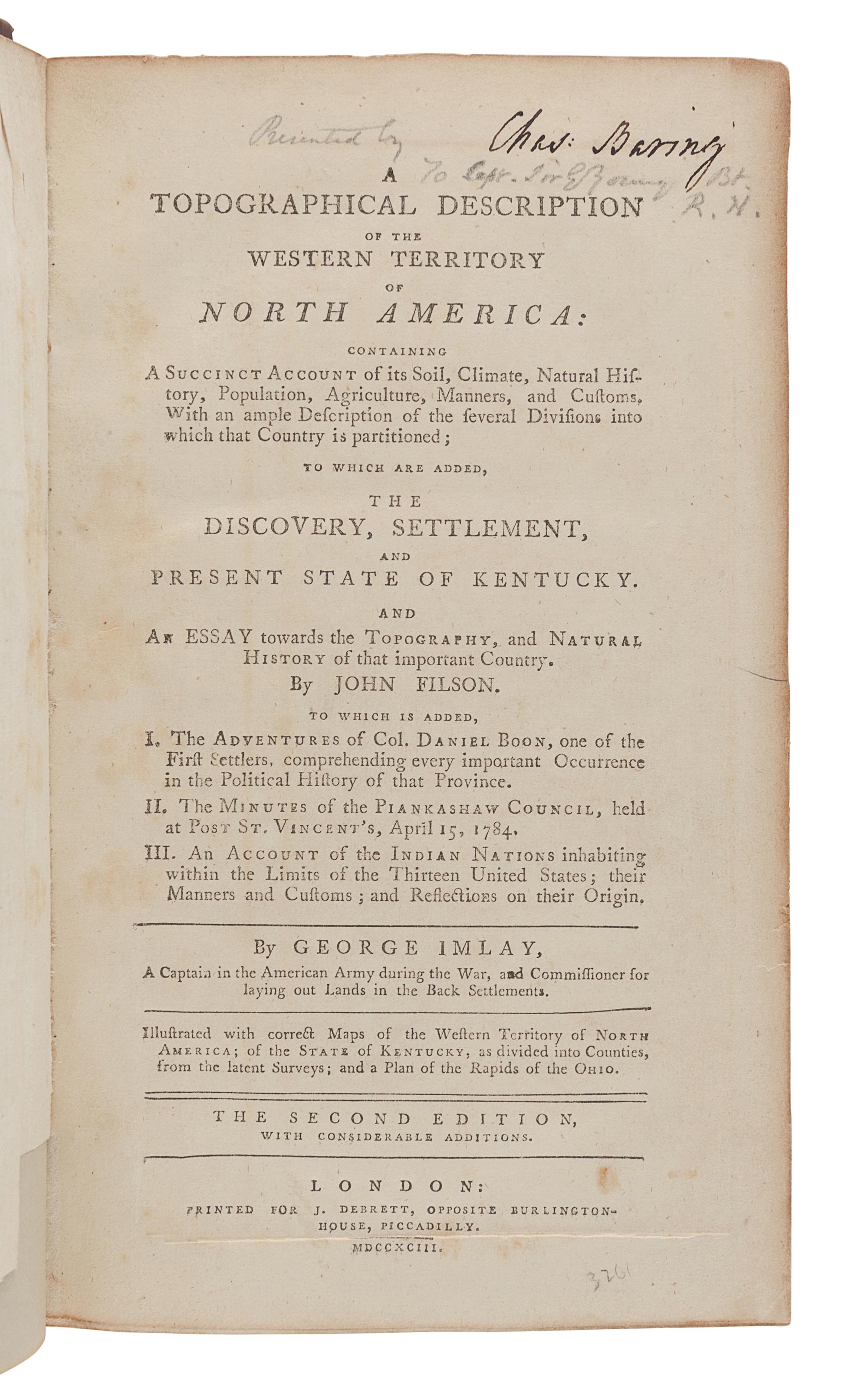 IMLAY, Gilbert (ca 1754-1828). A Topographical Description of the Western Territory of North America. London: J. Debrett, 1793.