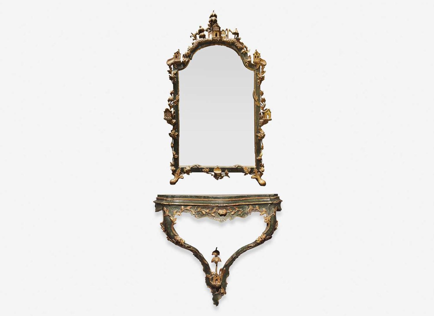 A Venetian "Chinoiserie" carved and painted console table and mirror, 18th century