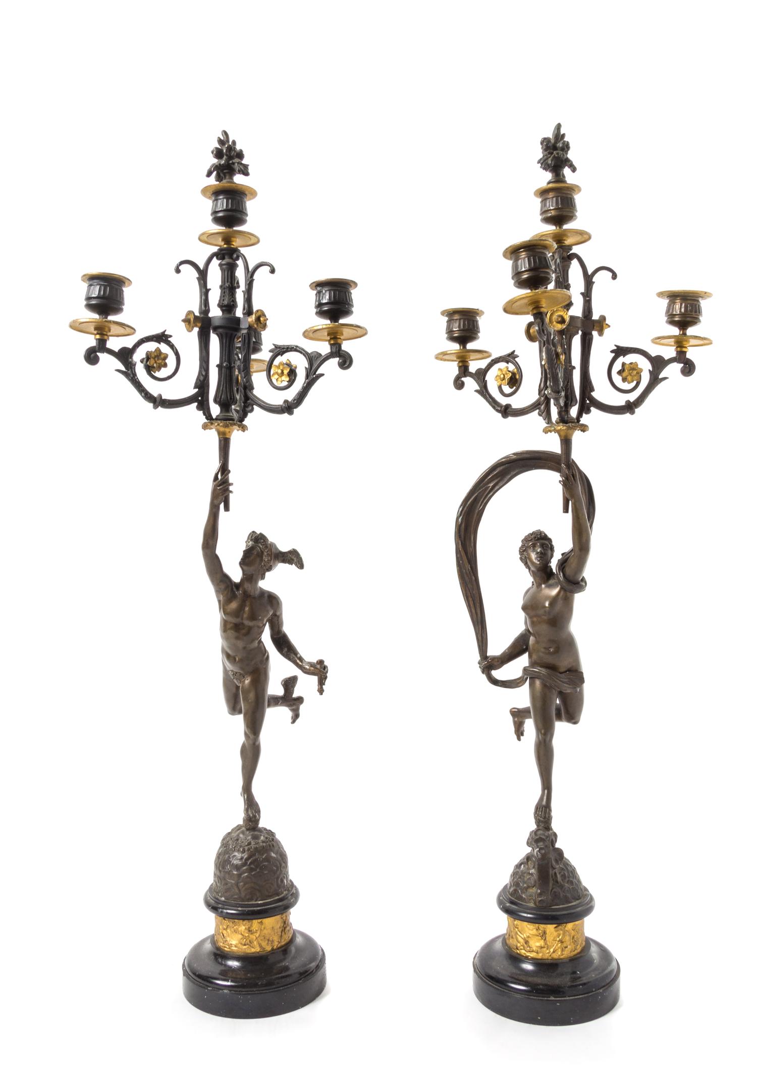 A Pair of Grand Tour Bronze Four-Light Candelabra — LATE 19TH CENTURY
