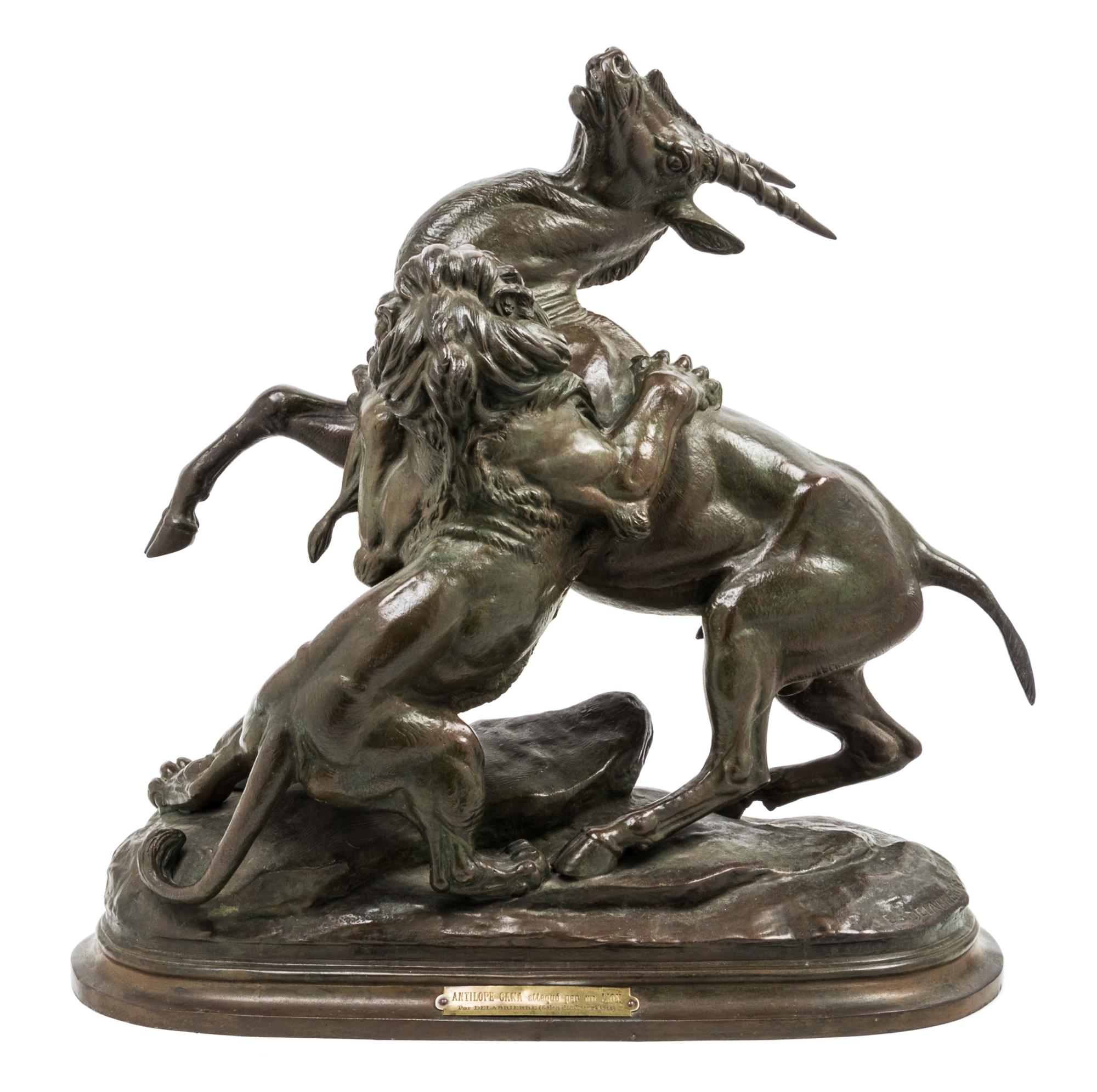 Paul-Edouard Delabrierre, (French, 1829-1912), Antilope cana attaque par un lion