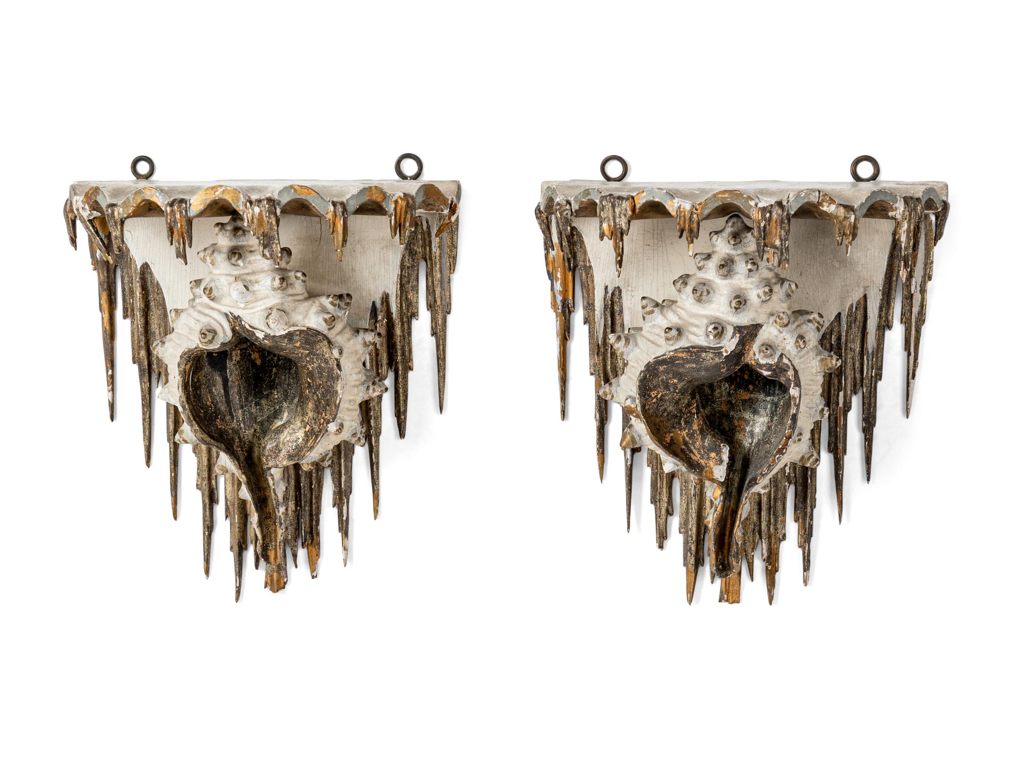 A Pair of North European Gilt and Cream-Painted Grotto Style Wall Brackets