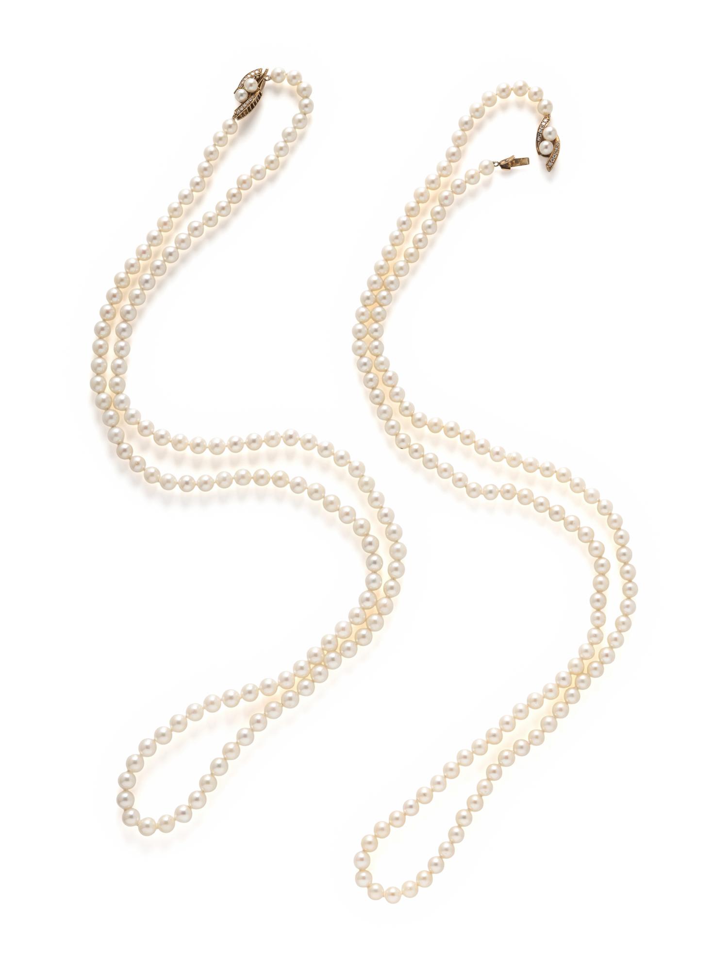TWO CULTURED PEARL AND DIAMOND NECKLACES