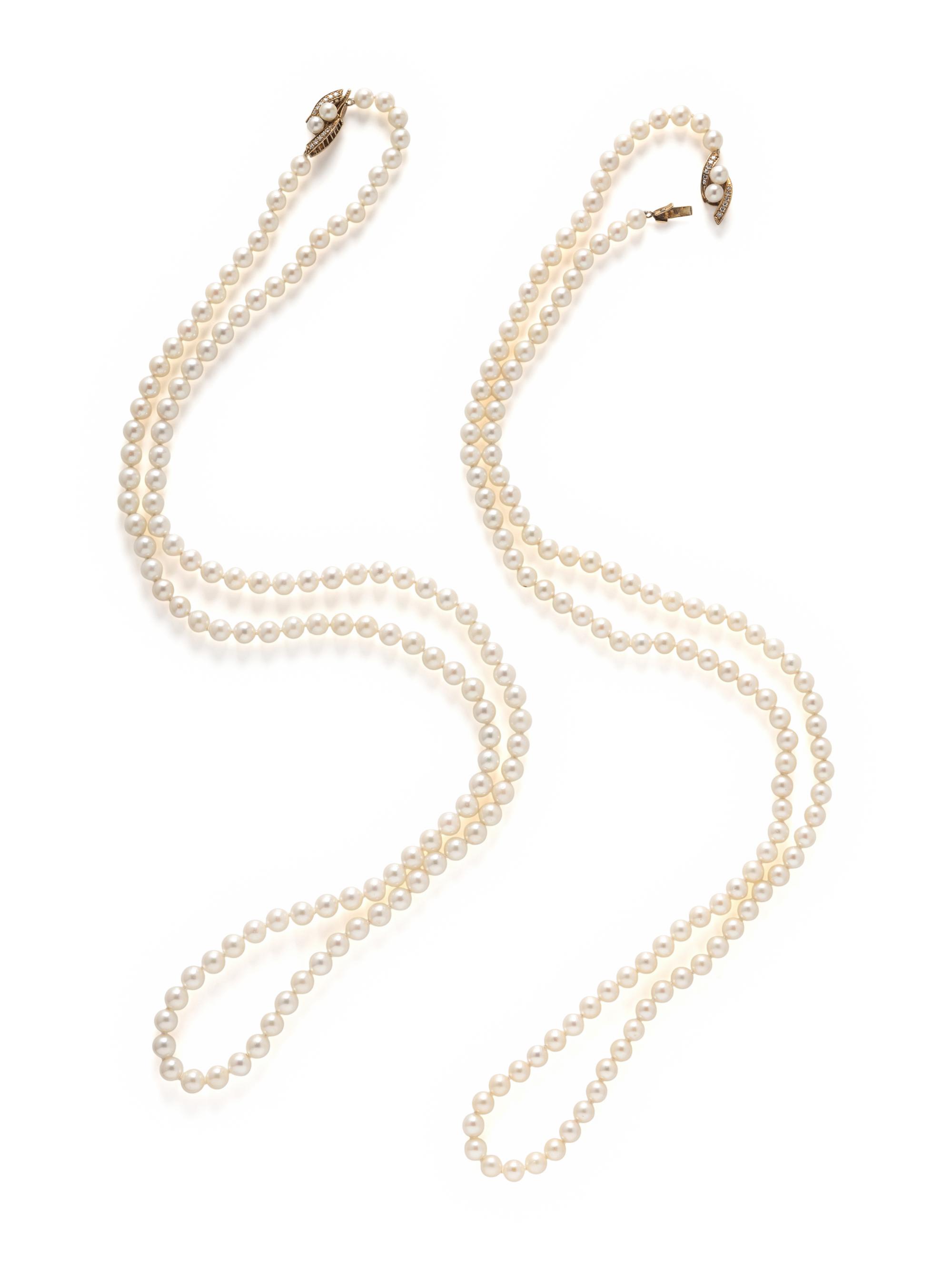 TWO CULTURED PEARL AND DIAMOND NECKLACES