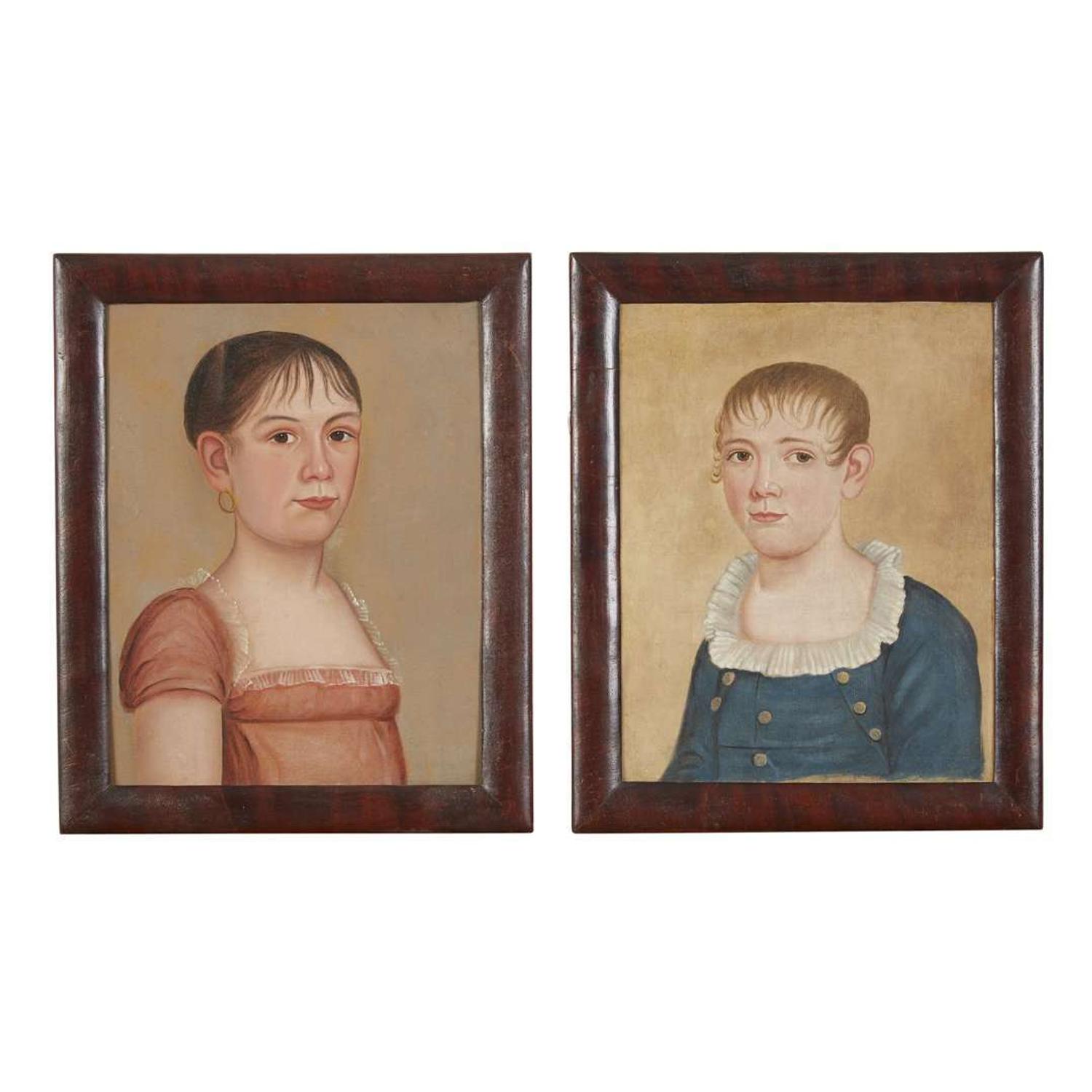 The Burpee-Conant Limner Pair of portraits: young girl in peach dress and young boy in blue jacket, early 19th century